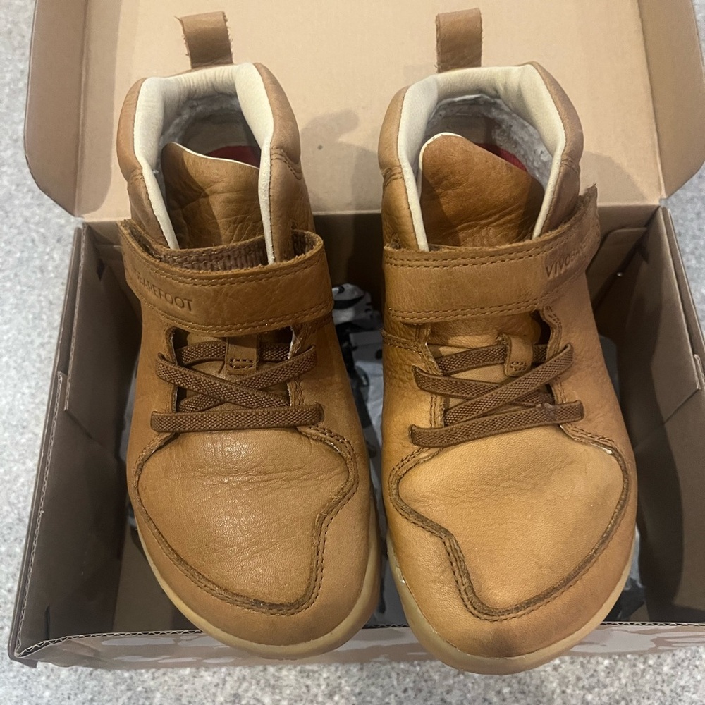 Vivo barefoot Tan Boots with Velcro Strap and Padded Collar